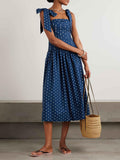 Aurohaya Retro Lace-up Pleated Polka Dot Midi Dress Blue