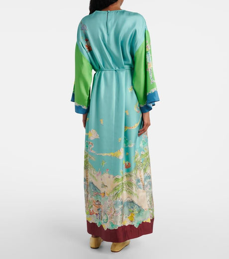 Aurohaya Unique Graphic Print Satin Lace-up Maxi Dress