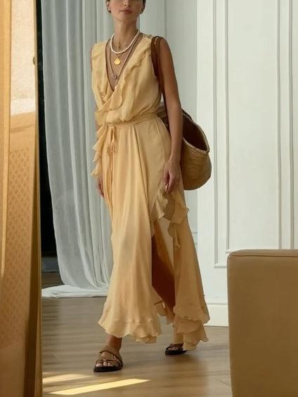 Aurohaya Elegant Ruffled V-Neck High-Slit Maxi Dress