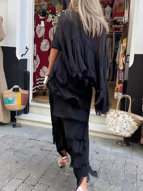 Aurohaya Elegant Layered Asymmetrical Ruffled Cape Maxi Dress