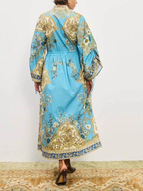 Aurohaya Unique Effortless Floral Print Cuffs Waist Drawstring Loose Shirt Silhouette Dress