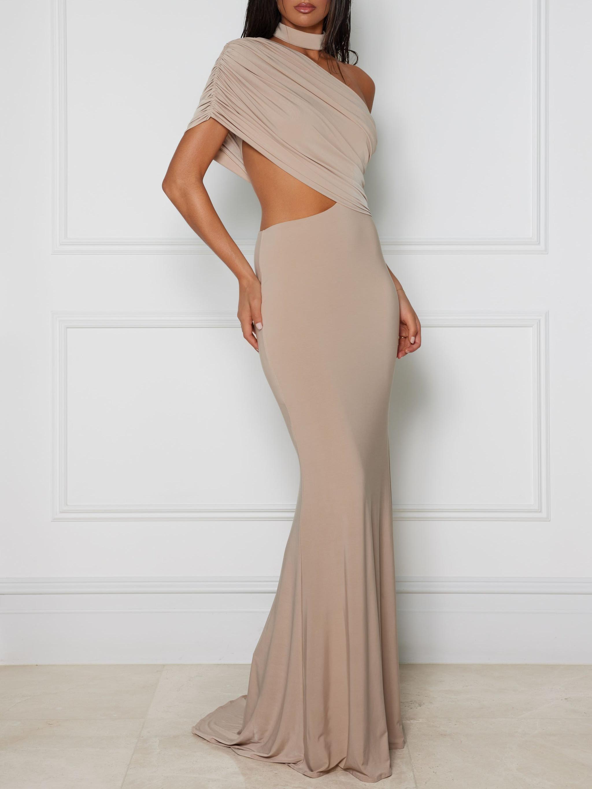 Aurohaya Elegant One-Shoulder Cutout Draped Maxi Dress