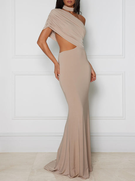 Aurohaya Elegant One-Shoulder Cutout Draped Maxi Dress