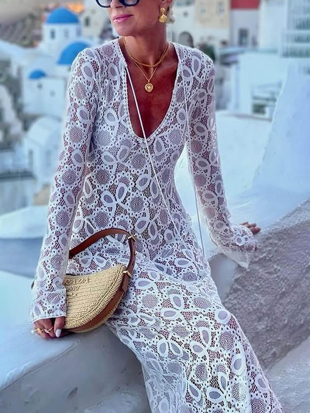 Aurohaya Summer Casual Lace Hook Flower Slit See-Through Holiday Lace Maxi Dress