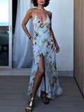 Sexy Abstract Floral Print V-Neck Slit Maxi Dress