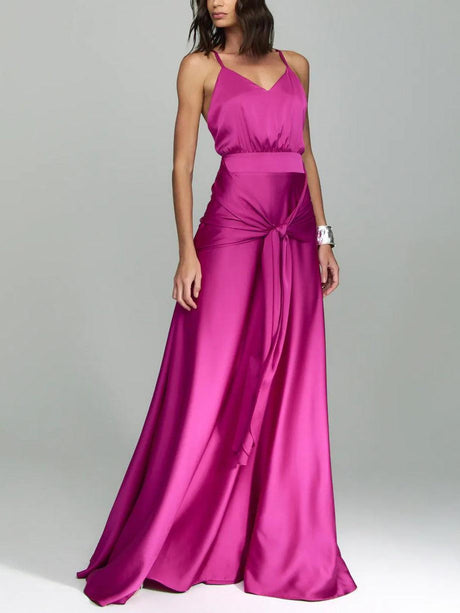Aurohaya Elegant V-Neck Satin Tie-Waist Floor-Length Slip Dress