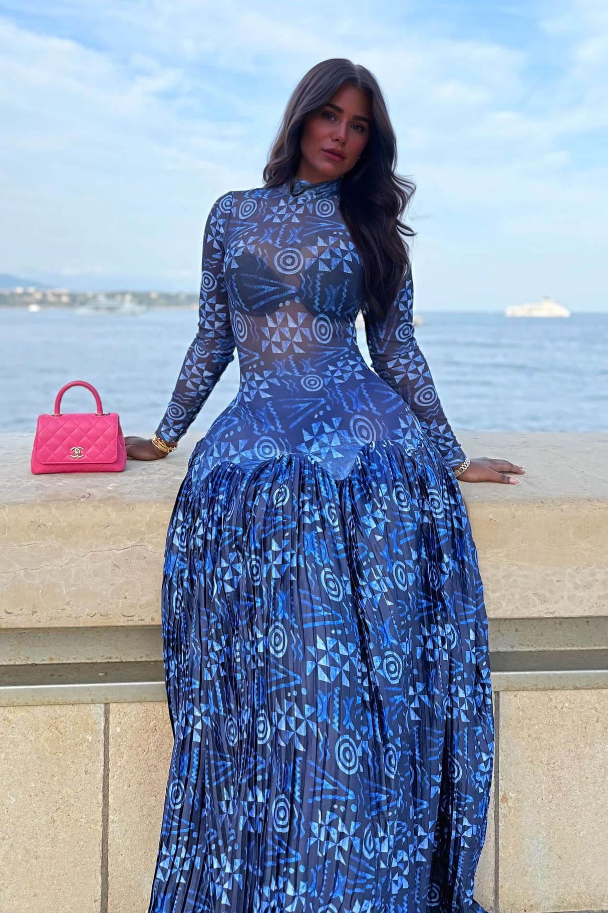 Aurohaya Unique Mesh Ruched Panel Print Stretch Maxi Dress Blue