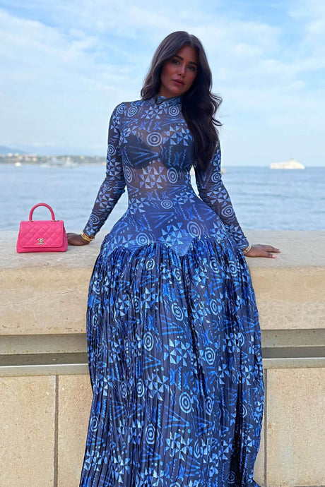 Aurohaya Unique Mesh Ruched Panel Print Stretch Maxi Dress Blue