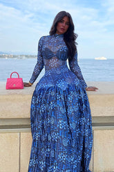 Aurohaya Unique Mesh Ruched Panel Print Stretch Maxi Dress Blue