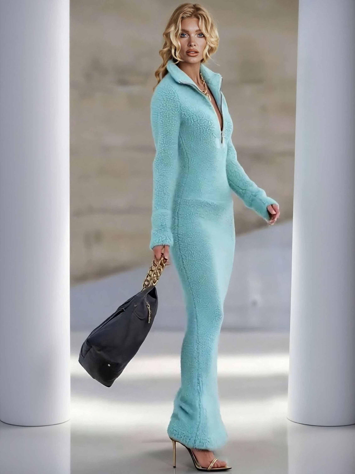 Aurohaya Casual Half-zip Collar Maxi Dress