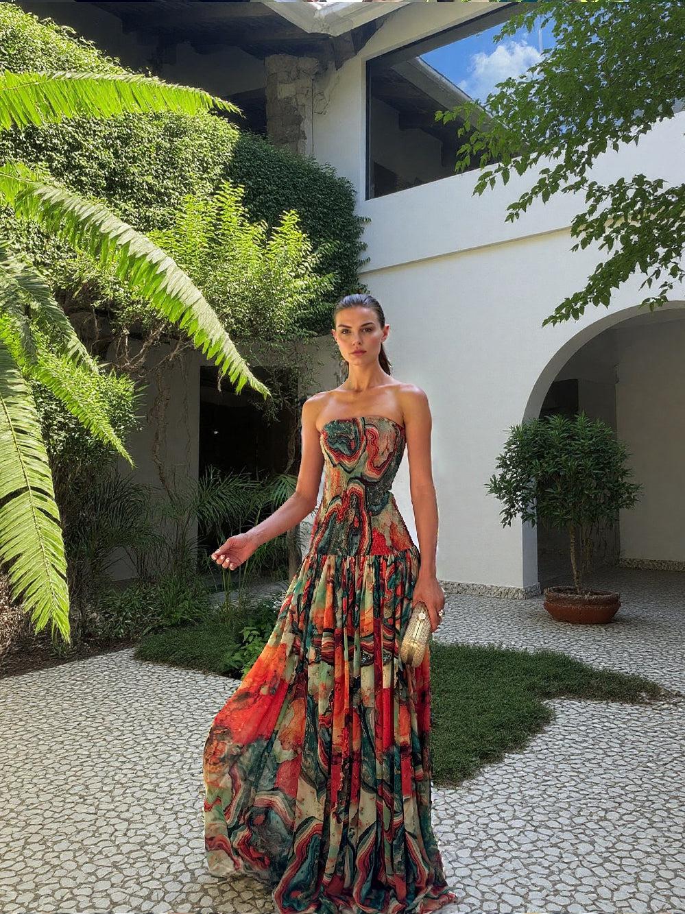 Aurohaya Elegant Wrap Neckline Abstract Print Maxi Dress