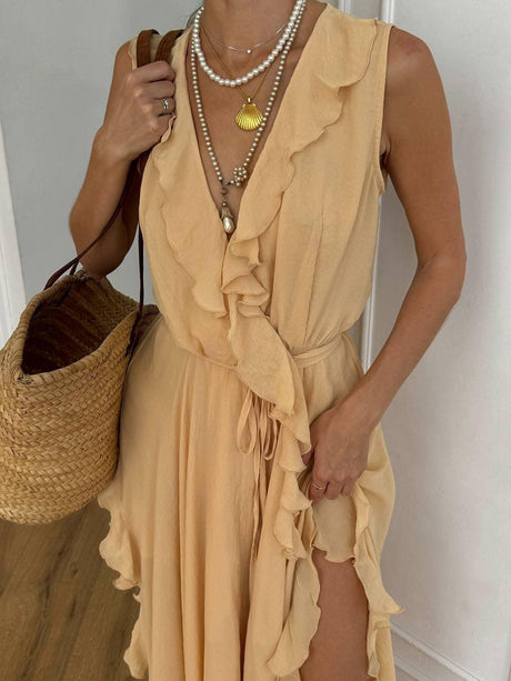 Aurohaya Elegant Ruffled V-Neck High-Slit Maxi Dress