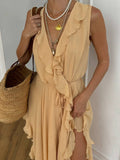 Elegant Ruffled V-Neck High-Slit Maxi Dress