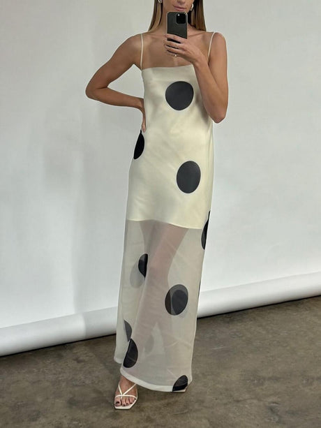 Aurohaya Elegant Mesh Stitching Polka Dot Print Off-Shoulder Suspender Maxi Dress White