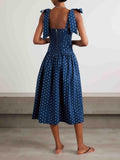 Aurohaya Retro Lace-up Pleated Polka Dot Midi Dress