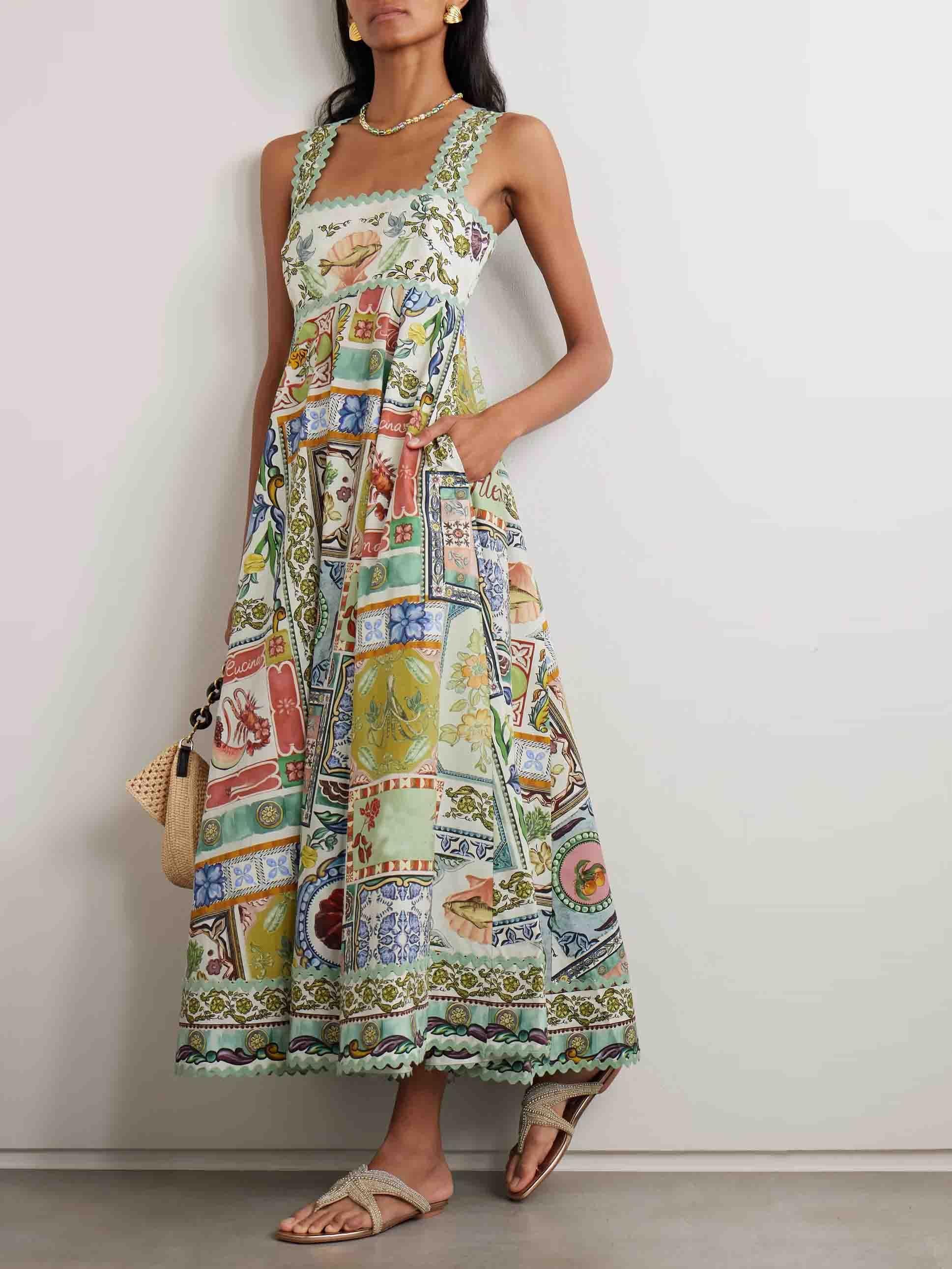 Aurohaya Elegant Square Neck Printed A-Line Midi Dress