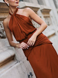 Elegant Low-waist Pleated Waist Satin Maxi Dress
