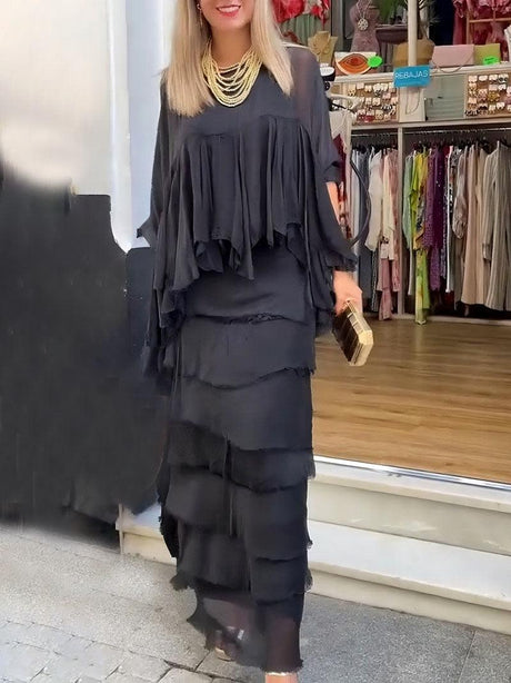 Aurohaya Elegant Layered Asymmetrical Ruffled Cape Maxi Dress