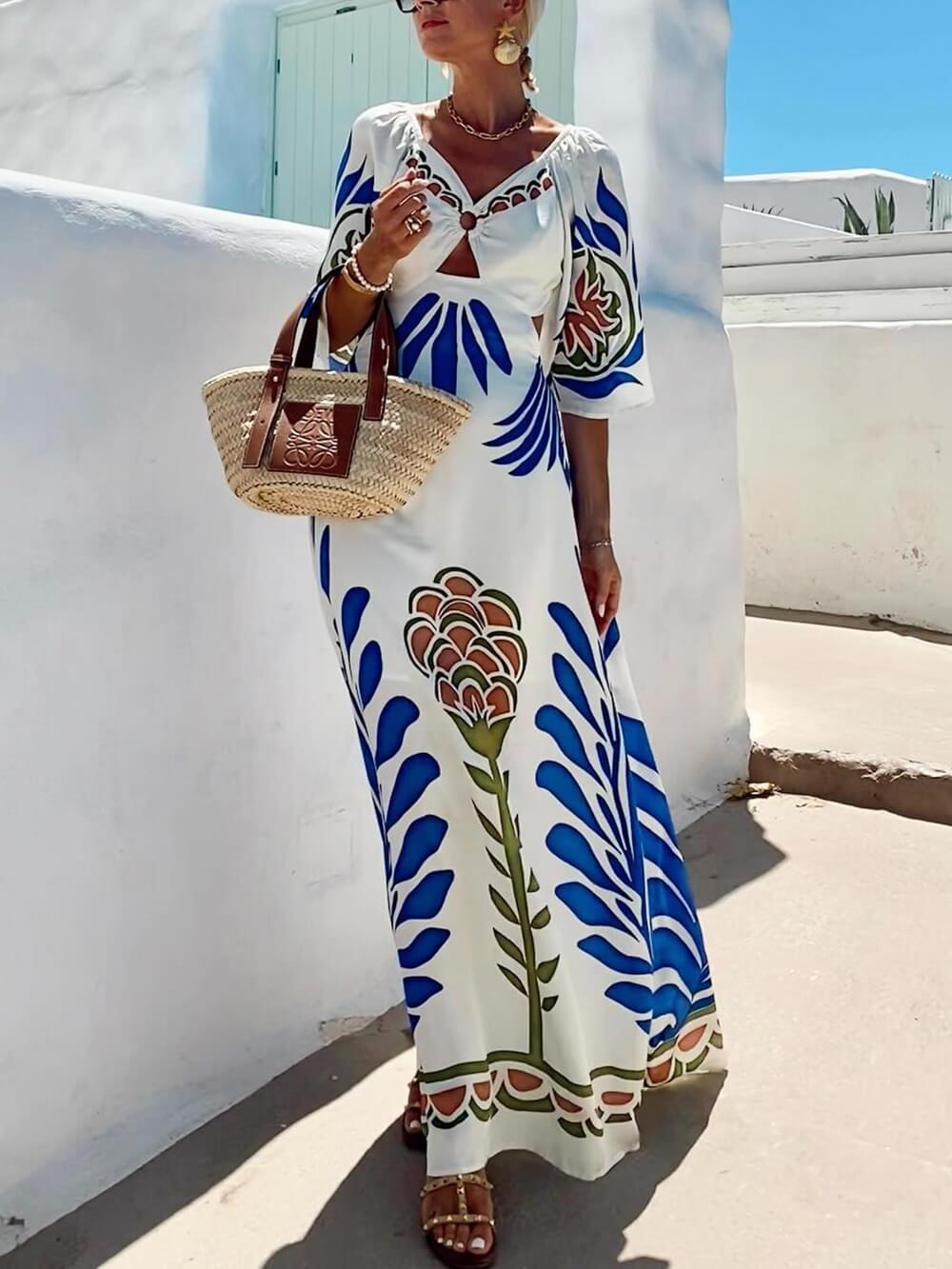 Aurohaya Elegant Floral Print Satin Flared Sleeve Maxi Dress