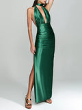 Elegant Halter Neck Satin Backless Maxi Dress