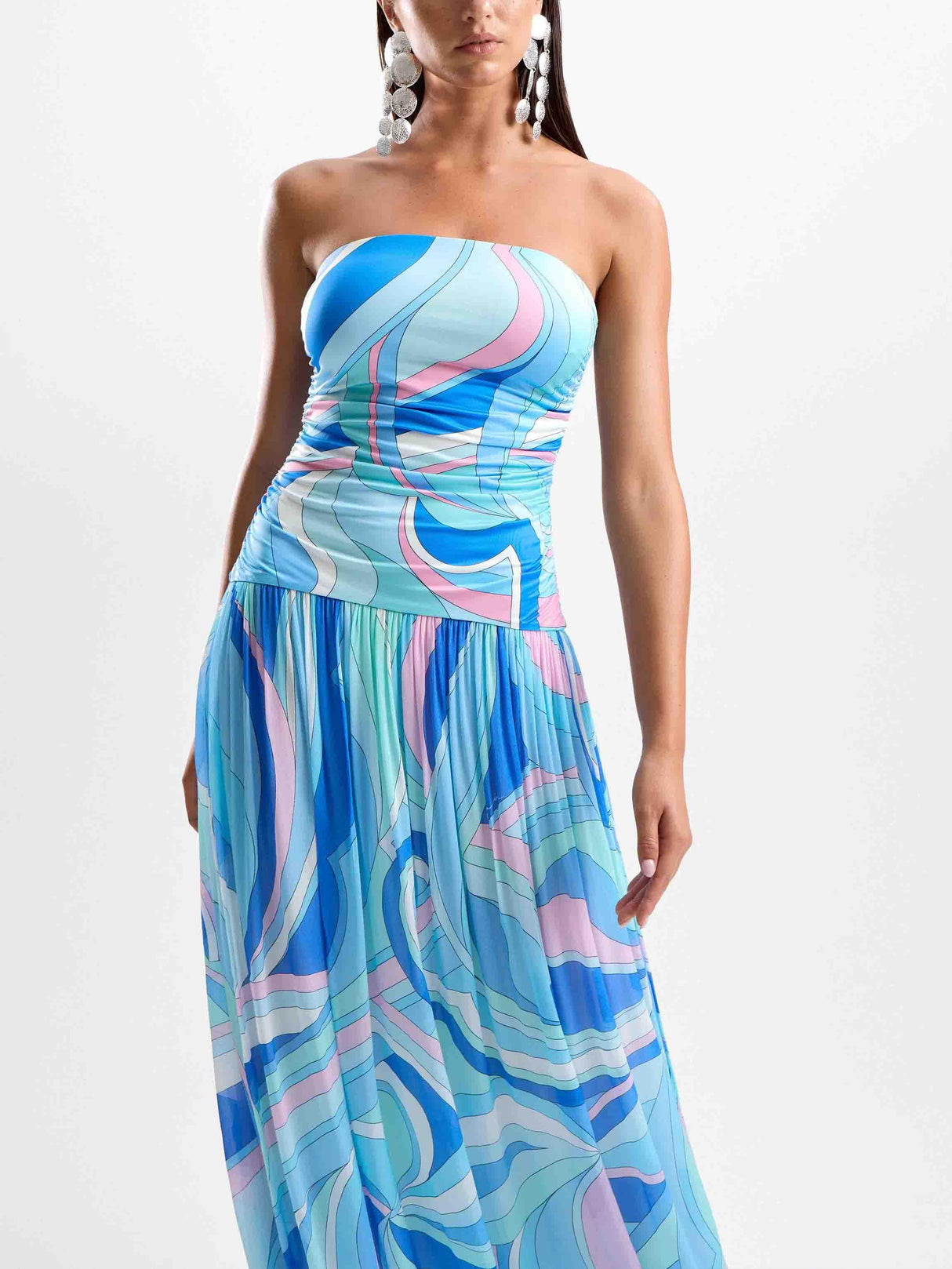 Aurohaya Exquisite Abstract Print Strapless Pleated Maxi Dress
