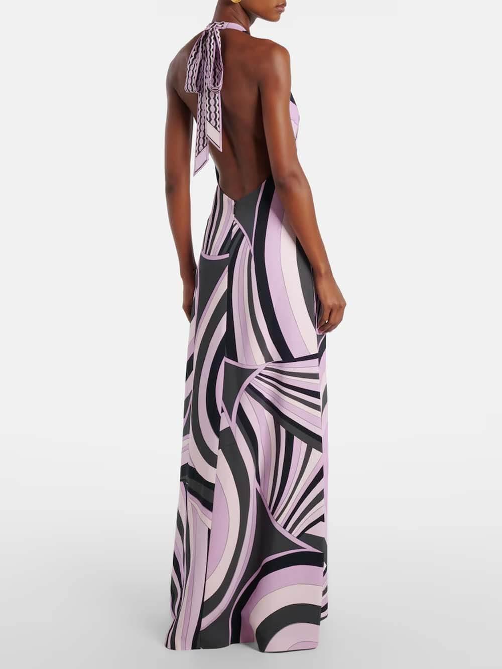Aurohaya Exquisite Satin Print Halter Backless Maxi Dress