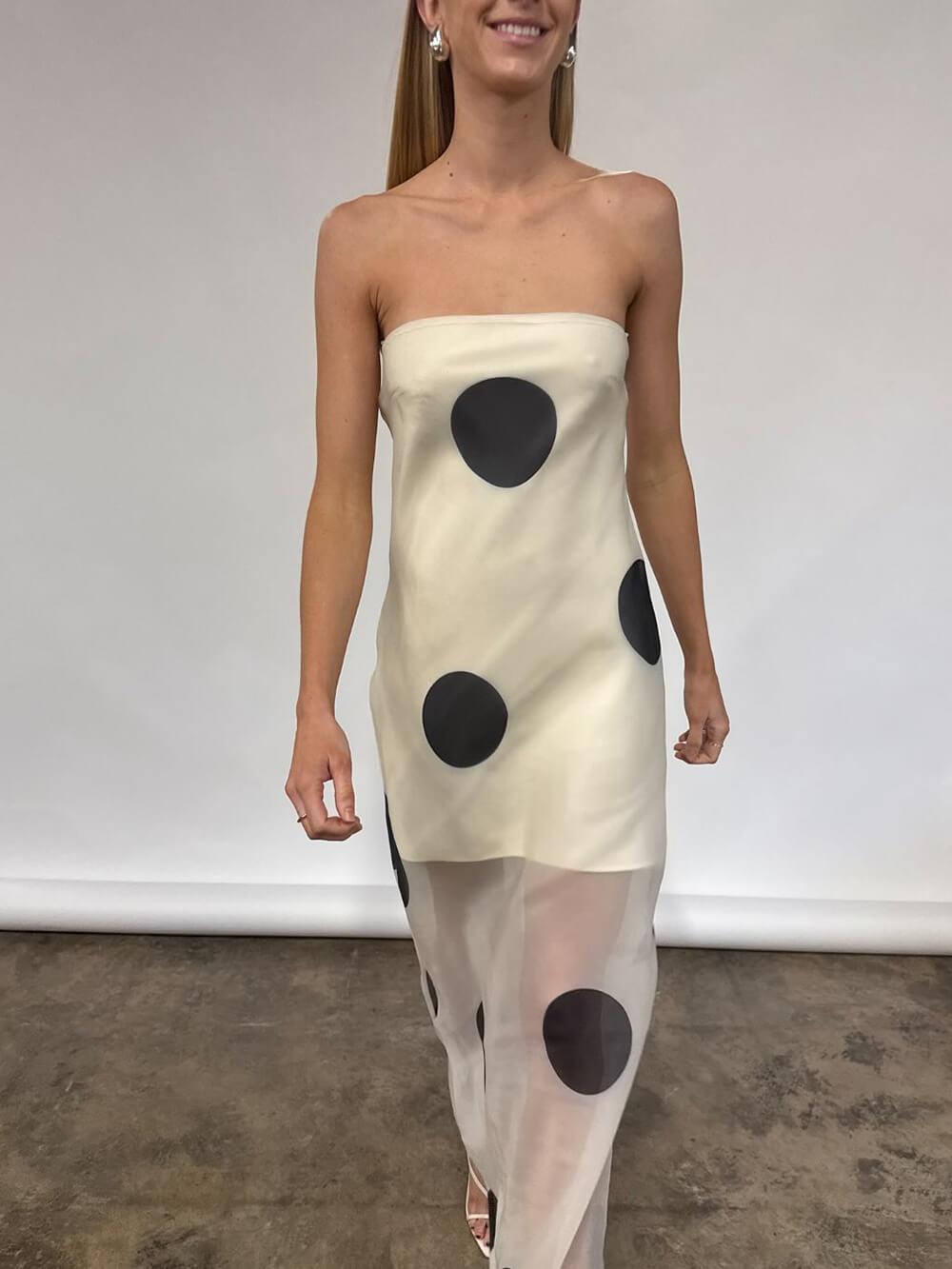 Aurohaya Elegant Mesh Stitching Polka Dot Print Off-Shoulder Suspender Maxi Dress