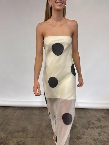 Aurohaya Elegant Mesh Stitching Polka Dot Print Off-Shoulder Suspender Maxi Dress