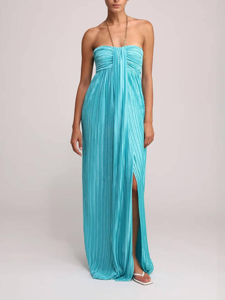 Aurohaya Elegant Pleated Halter Off-the-Shoulder Slit Maxi Dress Green