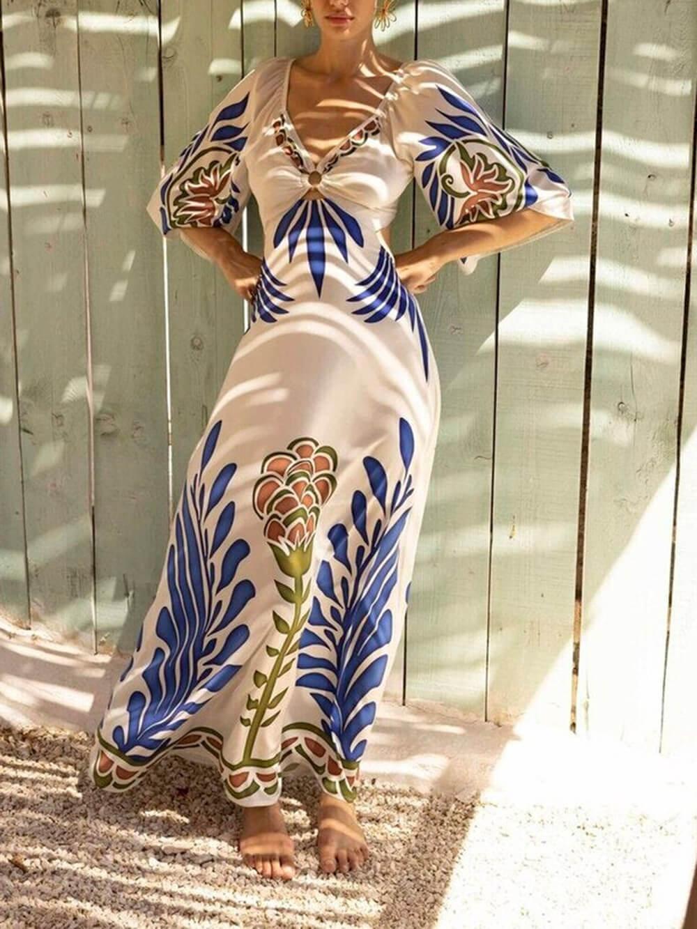 Aurohaya Elegant Floral Print Satin Flared Sleeve Maxi Dress