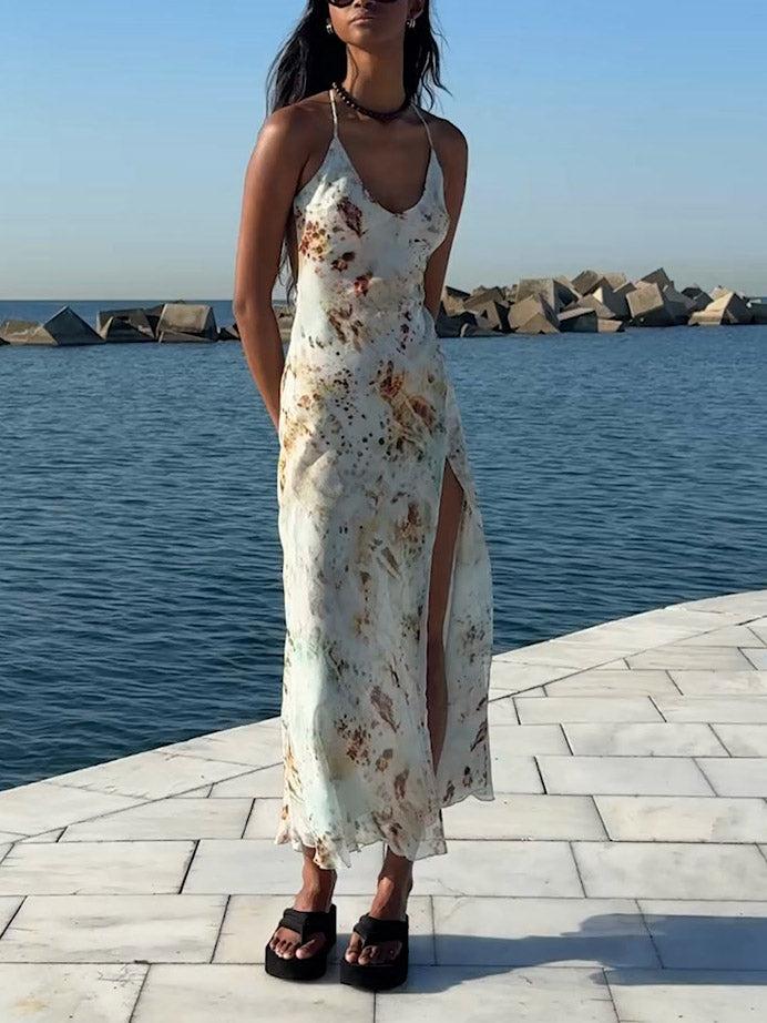 Aurohaya Sexy Abstract Floral Print V-Neck Slit Maxi Dress