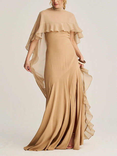 Aurohaya Elegant High Neck Ruffle Cape Maxi Dress Apricot