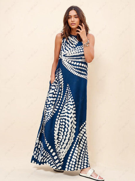 Aurohaya Unique Polka Dot Print One Shoulder Pocketed Maxi Dress Blue