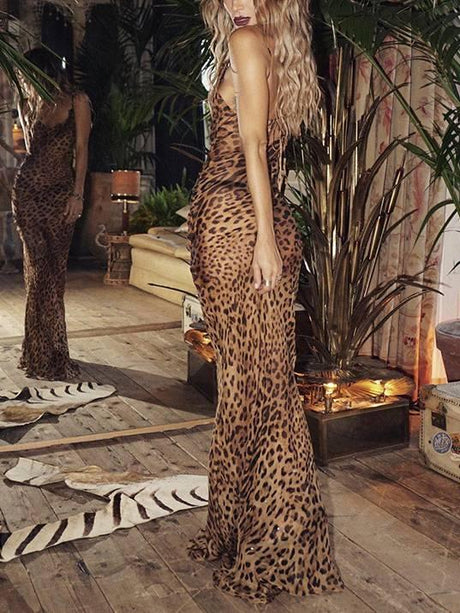 Aurohaya Suspender Backless Leopard Print Dress