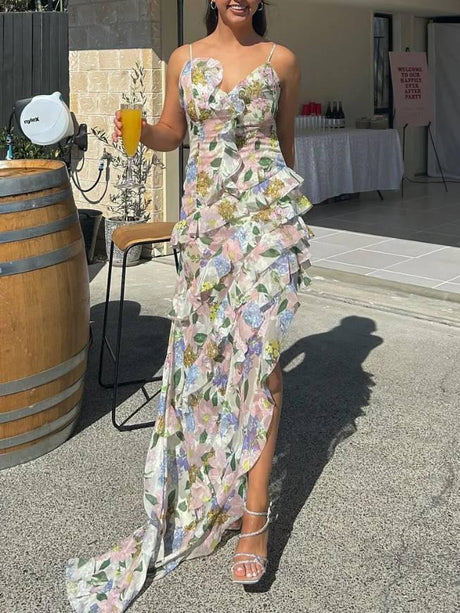 Aurohaya Suspender Printed Ruffle Dress