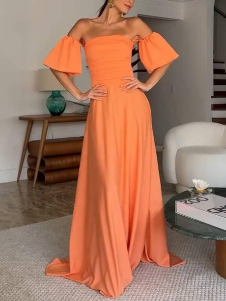 Aurohaya Pleated Tube Top Puff sleeves Maxi Dress