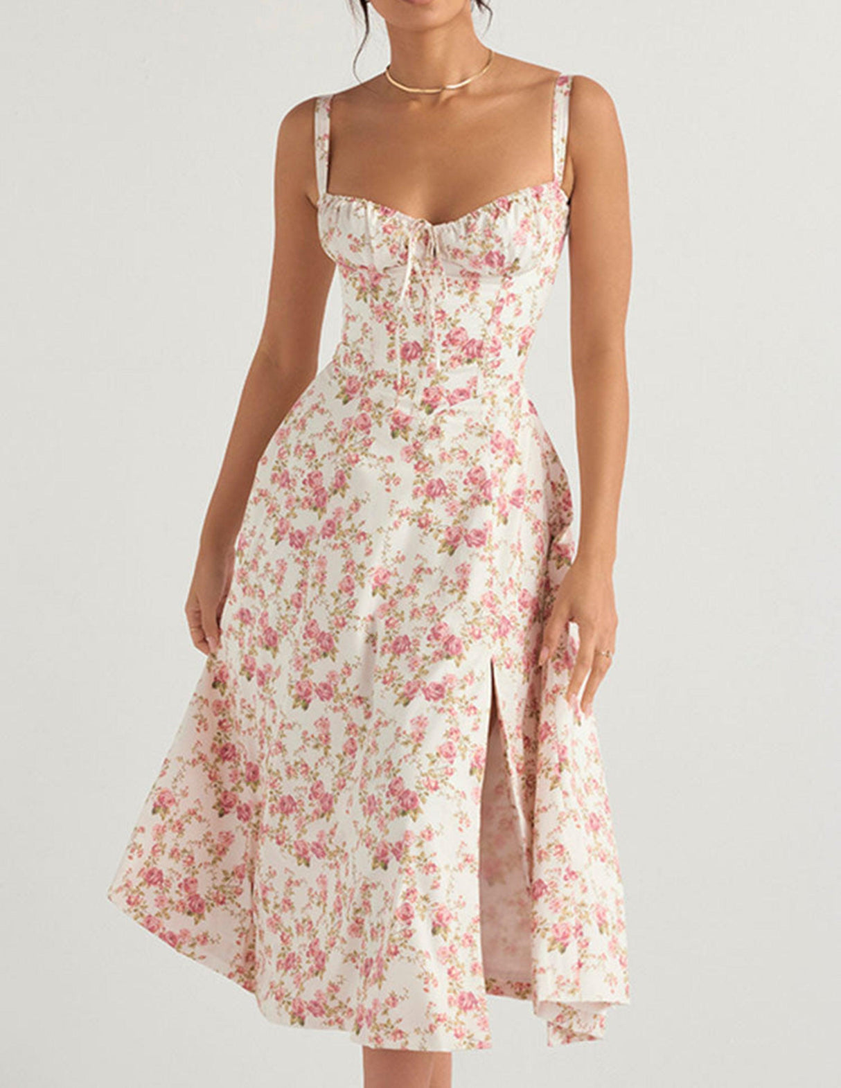 Aurohaya Rose Print Herringbone Slip Dress