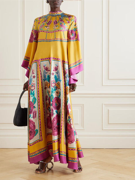 Aurohaya Vintage Exquisite Pattern Print Loose Maxi Dress