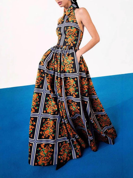 Aurohaya Exquisite Sexy Backless Unique Floral Print Suspender Maxi Dress