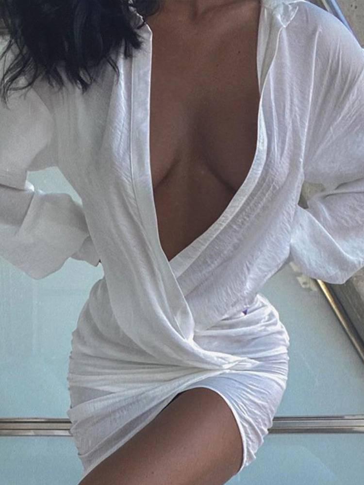 Aurohaya Deep V Hip-hugging Shirt Dress