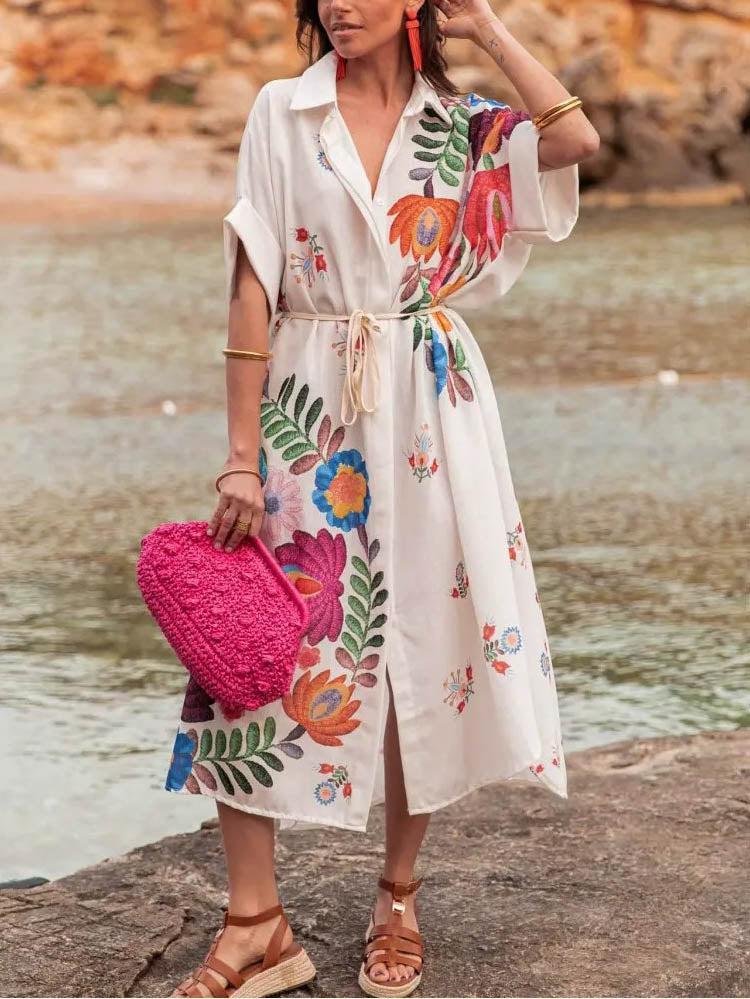 Aurohaya Casual Positioning Print Loose Resort Shirt Midi Dress White
