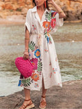 Casual Positioning Print Loose Resort Shirt Midi Dress