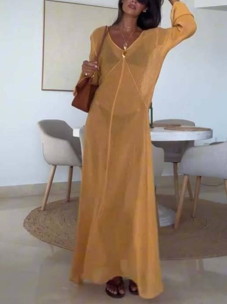 Aurohaya Vacation Style Loose Semi-permeable Knitted Maxi Dress