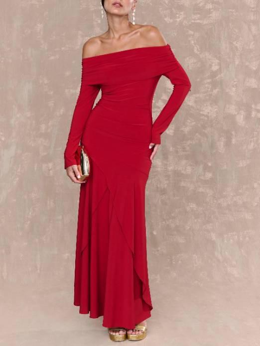 Aurohaya Off-shoulder Irregular Hem Maxi Dress