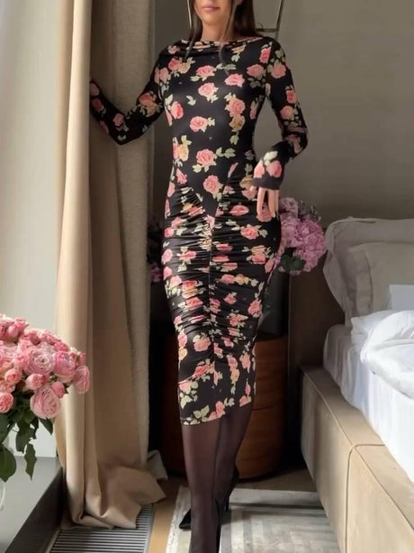 Aurohaya Distinctive Boat Neck Floral-Print Pleated Midi Dress