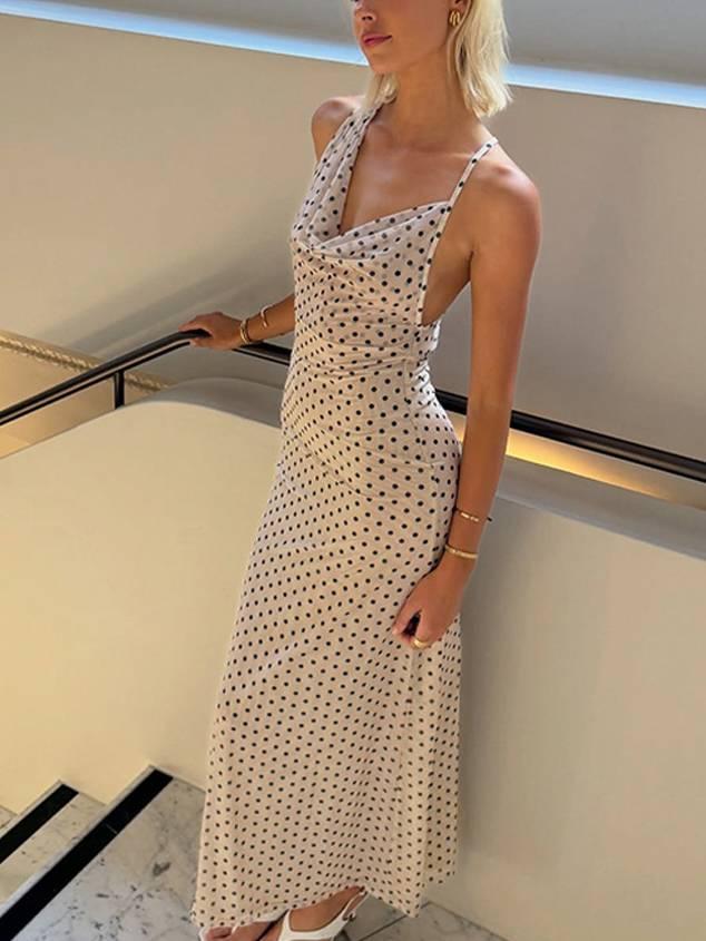 Aurohaya Polka Dot Suspender Irregular Swing Collar Dress