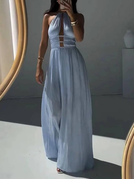 Aurohaya Hanging Neck Hollow Dress Blue