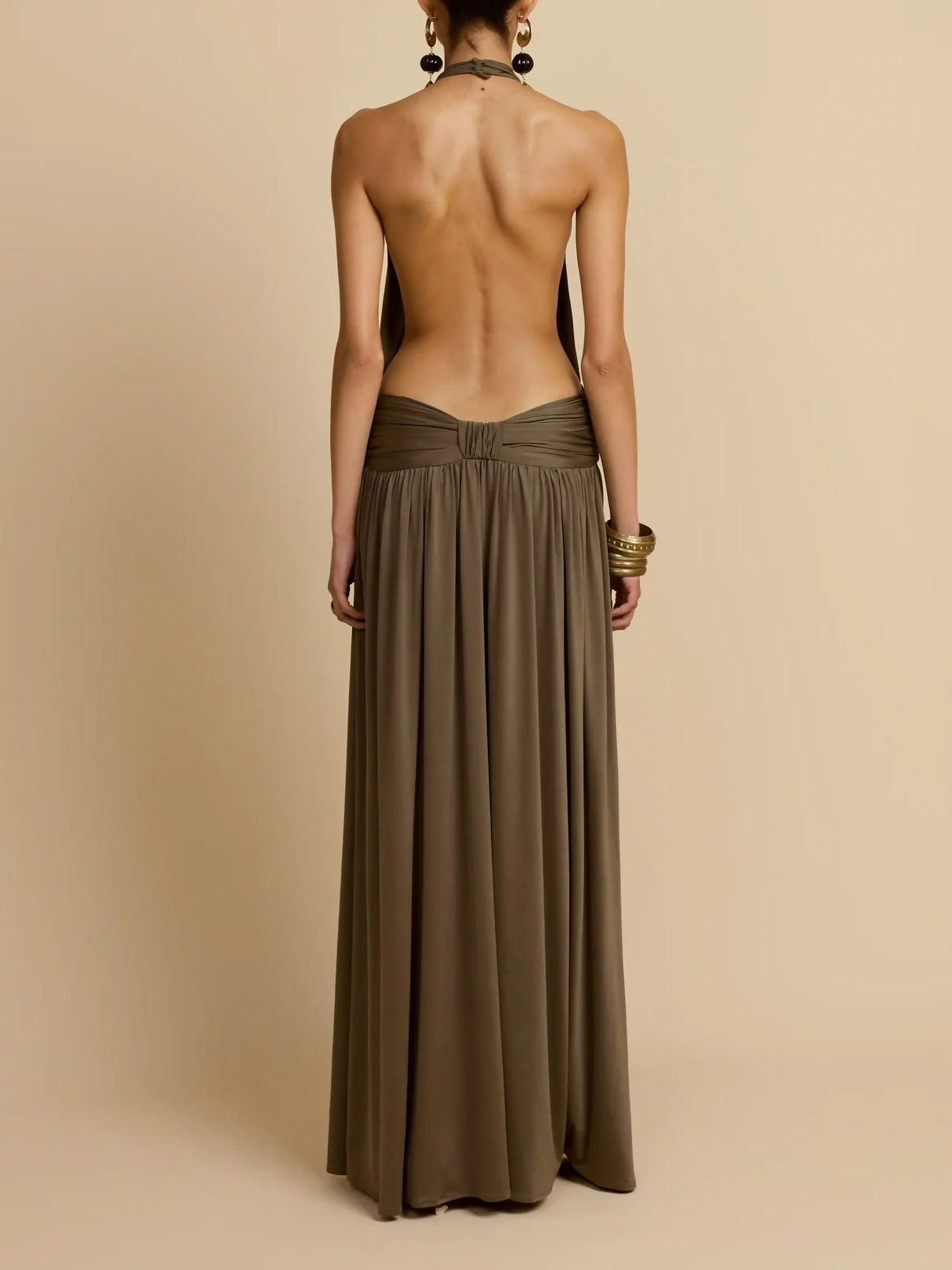 Aurohaya Sexy Open-back Pleated Low-waist Knitted Maxi Dress