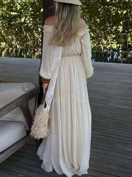 Aurohaya Vacation Style Off-shoulder Lace-up Long Sleeve Maxi Dress