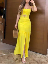 Aurohaya Exquisite Beautiful Essence Crochet Lace Patchwork Hollow Fishtail Maxi Dress Yellow